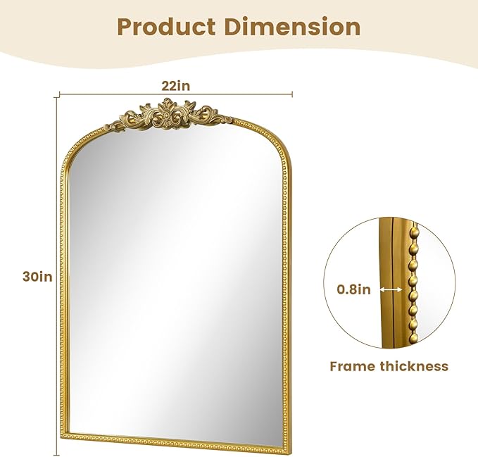 WallBeyond Gold Vintage Mirror - 22x30 Inch, Arched Antique Mirror with Ornate Frame for Bathroom, Living Room, Fireplace, Entryway