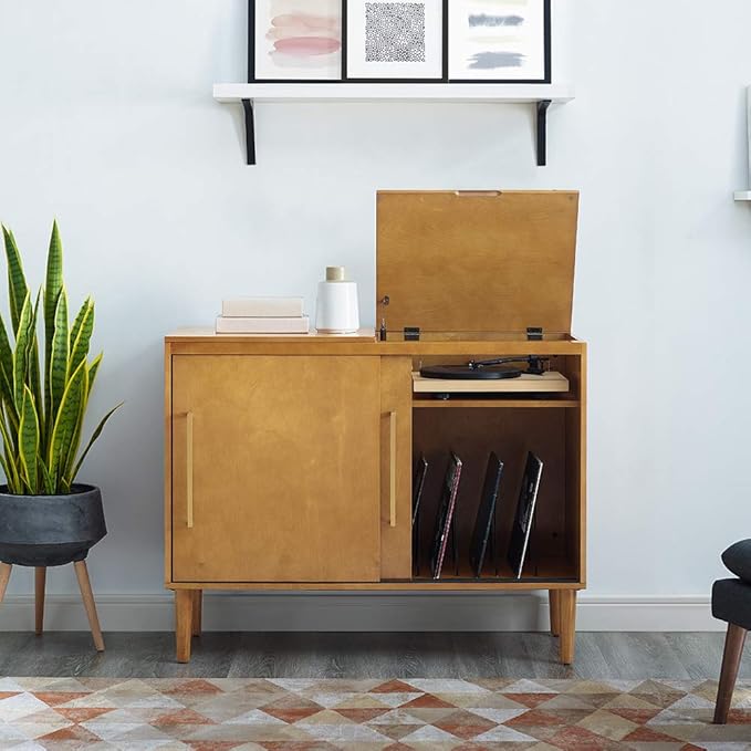 Crosley Furniture Everett Media Console and Record Player Stand with Storage for Vinyl Records, Acorn