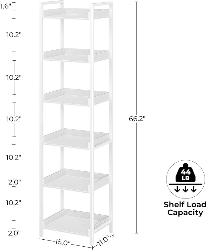 Rolanstar Bookshelf, 6-Tier Storage Rack, Narrow Corner Bookshelf, Display Wooden Shelves for Living Room, Bathroom, Balcony, Kitchen,White