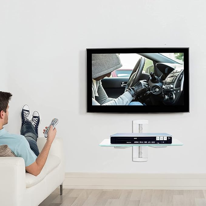 suptek Glass Floating Shelves, TV Wall Mount with Shelf for DVD Player / PS4 / Cable Boxes/Game Consoles/Sky Box/TV Accessories, Media Shelf, Flat Wall Mount Bracket, 1 Tier Shelf, Silver