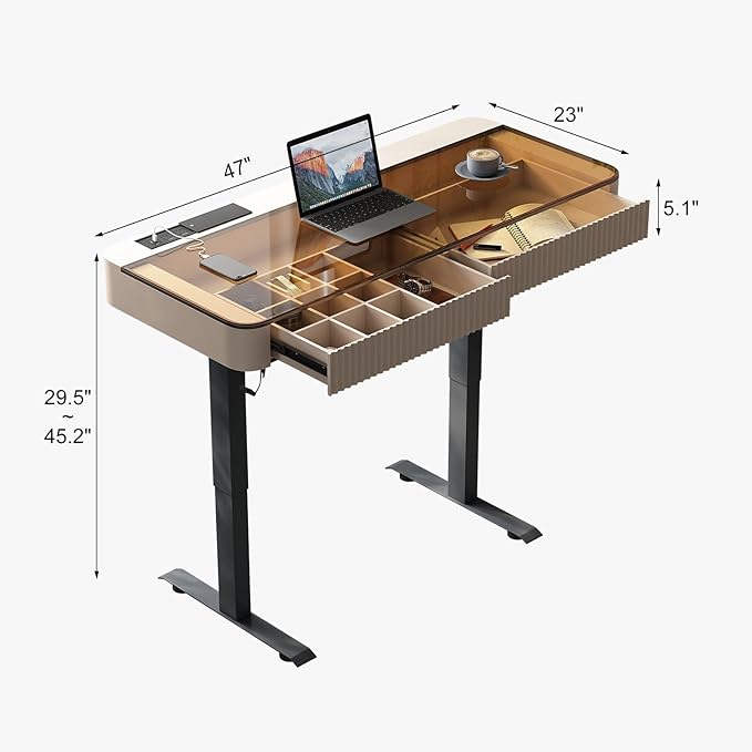 Lartis Office Desk, Electric Computer Lift Table Standing Desk with Drawer Charging USB Port, Home Office Laptop Table with Drawer