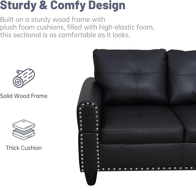 L Shaped Modular Sectional Sofa with Reversible Chaise Lounge, 5-Seater Corner Couch, PU Leather Convertible Sofá w/Movable Ottoman, Cup Holders, 2 Pillows and Rivet Ornament for Living Room