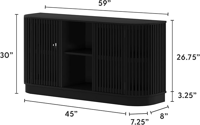 Plank+Beam Contour Wood TV Stand, Two Door Solid Wood Entertainment Console with Storage, 59" L x 16" W x 30" H, Black