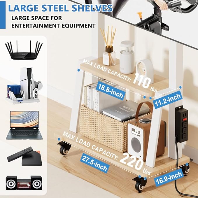 Mobile TV Stand with Power Outlet, Wood Shelf Portable TV Stand on Wheels for 32 to 55 65 70 75 inch Television, Height Adjustable White TV Cart, Holds up to 130LBS, Vesa 600×400mm.