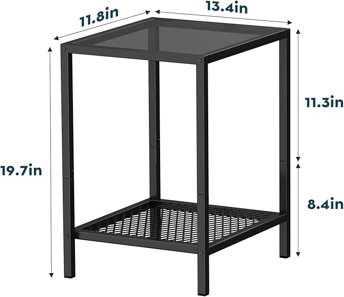 SAYGOER Black Side Table Small Glass End Table 2-Tier Narrow Square Bed Side Tables, 13.4"x11.8"x19.7", Sofa Small Leisure Table with Black Metal Frame for Modern Living Room Bedroom, BK Glass