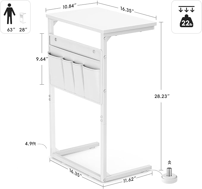 Vagusicc C Shaped End Table, 28'' Tall Side Table for Couch Recliner, Small Couch Side Table, Tall Couch Desk Slide Under Sofa Table TV Tray Arm Tables with Metal Frame for Living Room, Bedroom, White