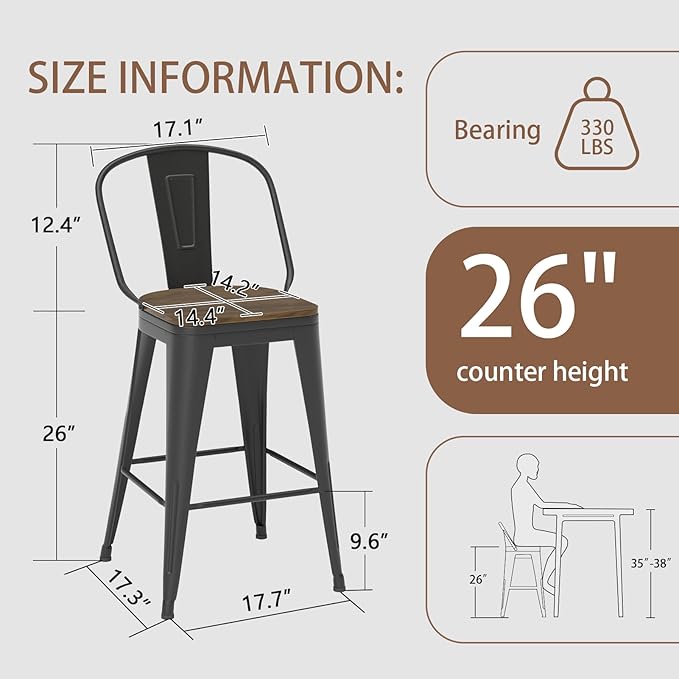 26” Swivel Bar Stools Set of 4, Counter Height Bar Stools Wooden Seat, Metal Industrial Bar Chairs with High Back for Kitchen Island (Black)