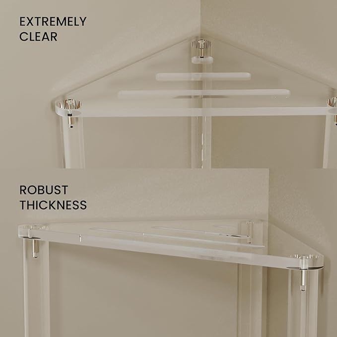 Acrylic Corner Shower Stool for Shaving Legs 11.42" D X 11.42" W X 14.37" H, Triangle Shower Foot Rest with Storage Shelf, Heavy Duty, for Inside Shower,