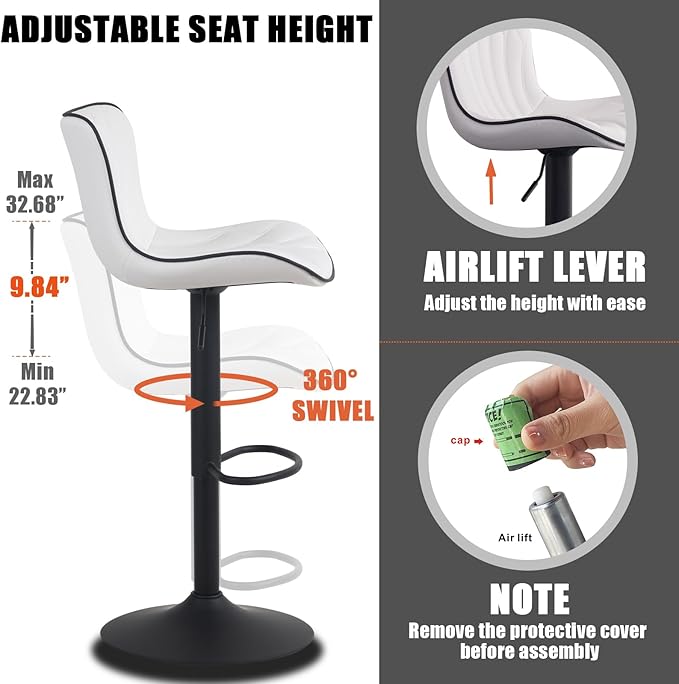 YOUNIKE 3 White Bar Stools Modern Swivel Counter Height Bar Chair with Back Adjustable Kitchen Island Faux Leather Padded Barstools taburetes de bar Breakfast sillas para barra de cocina 3PCS