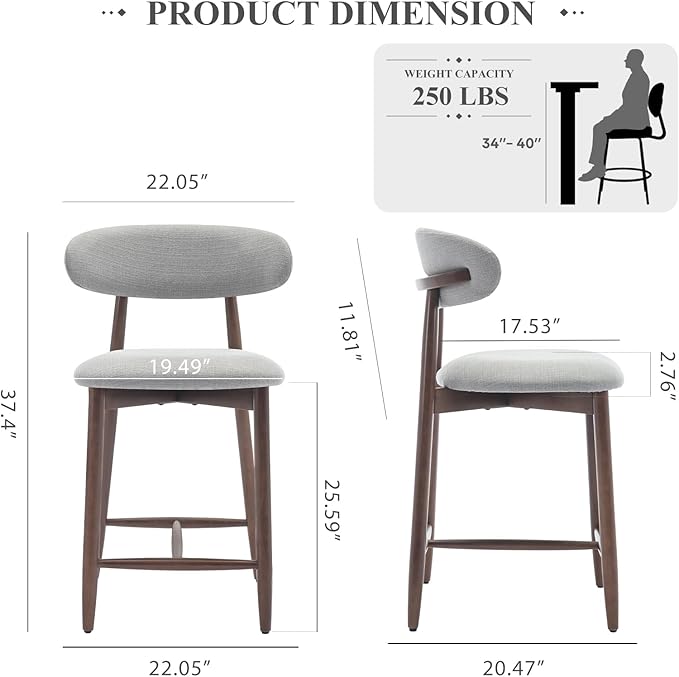 COLAMY Bar Stools Set of 2, Counter Height Bar Stools, Upholstered Counter Stools with Wood Legs for Kitchen Island Dining Room Bar, Light Grey