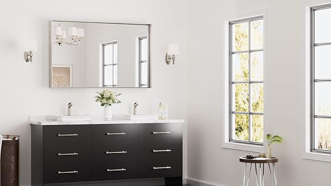 Keonjinn 48 x 30 in Brushed Nickel Bathroom Vanity Mirror, Rectangular Silver Metal Framed Wall-Mounted Mirror Square Corner Modern Farmhouse Rectangle Mirror for Over Sink(Horizontal/Vertical)