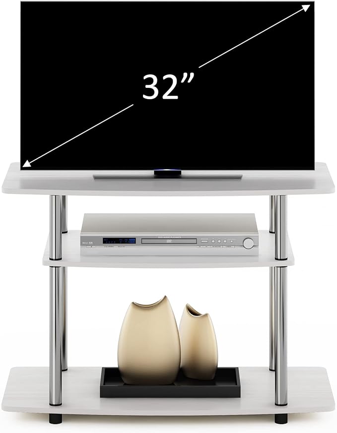 Furinno Turn-N-Tube No Tools 3-Tier Entertainment Center TV Stand for TV up to 32 Inch with Stainless Steel Tubes, White Oak/Chrome