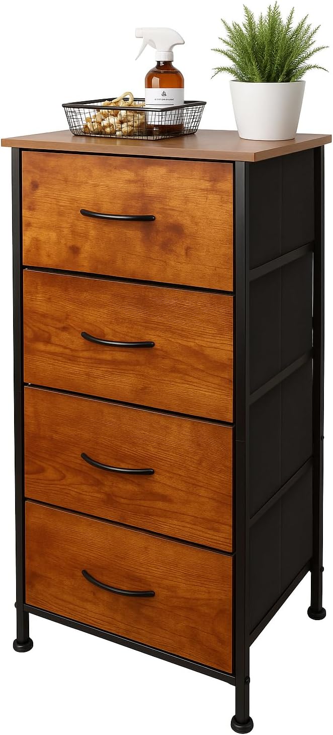 Nightstand with 4 Fabric Bins, Bedside Furniture, Night Stand, End Table Nightstand Storage Tower Unit Organizer with 4 Fabric Bins for Living Room (Rust Brown)