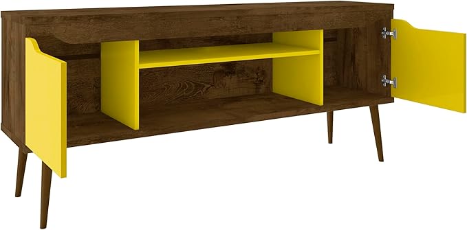 Manhattan Comfort Bradley Mid Century Modern TV Stand for Televisions up to 60 Inches, Living Room Entertainment Center with Storage, Media Shelves and Soft Close Doors, Rustic Brown/Yellow