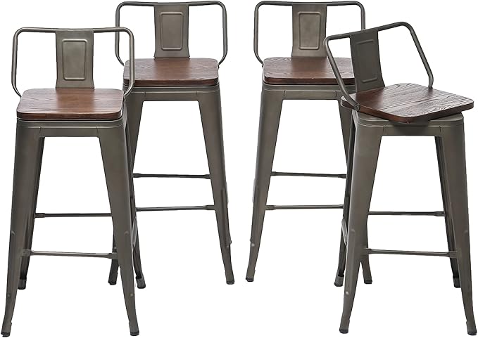 26 Inch Swivel Bar Stools Set of 4 with Backs Counter Height Industrial Metal Barstools Island Bar Chairs for Home Kitchen Dining Room (Swivel 26 inch,Rusty Wooden)