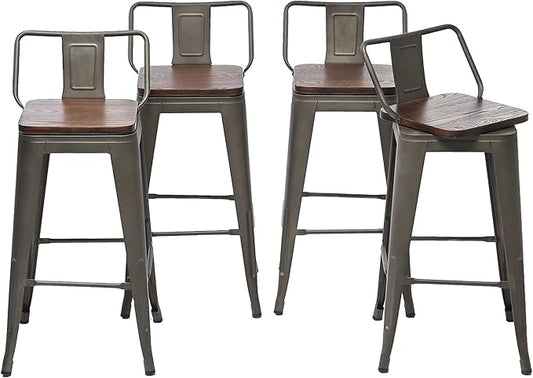 26 Inch Swivel Bar Stools Set of 4 with Backs Counter Height Industrial Metal Barstools Island Bar Chairs for Home Kitchen Dining Room (Swivel 26 inch,Rusty Wooden)