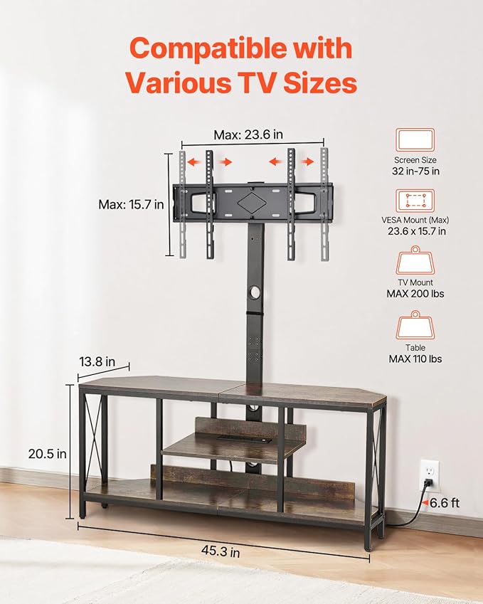 VEVOR 45" TV Stand with Mount for up to 75 in TVs, Entertainment Center with Power Outlet & LED Lights, Height Adjustable TV Console with Mount with 3 Tiers Storage Cabinets for Bedroom, Living Room