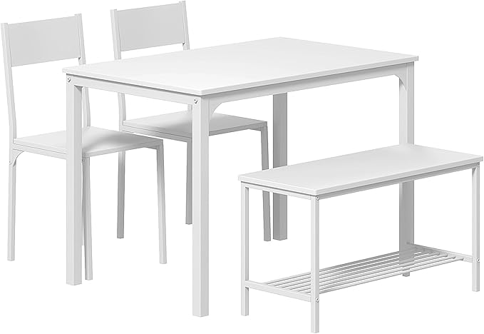 SogesHome Kitchen Table Set for 4, Compact Dining Table Chair Set with Bench, 4 Piece Table with Built-in Storage Racks, Metal Frame, for Apartment, Restaurant, White
