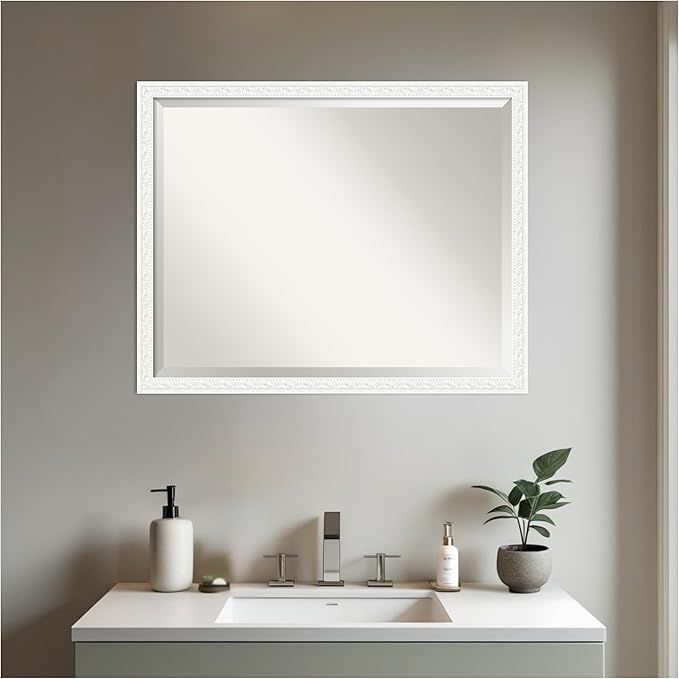 Amanti Art White Bathroom Mirror for Over Sink, 24x30 Bethany White Rectangle Vanity Mirror, Large Traditional Wood Frame, Hangs Horizonally and Vertically, Bathroom Wall Decor, Beveled Edge