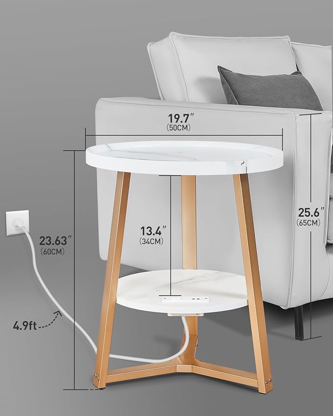 Round End Table with Charging Station, 19.7" Dia x 23.63" H, Side Table with Storage Shelf, for Living Room, Bedroom, Faux Marble Top, Gold & White
