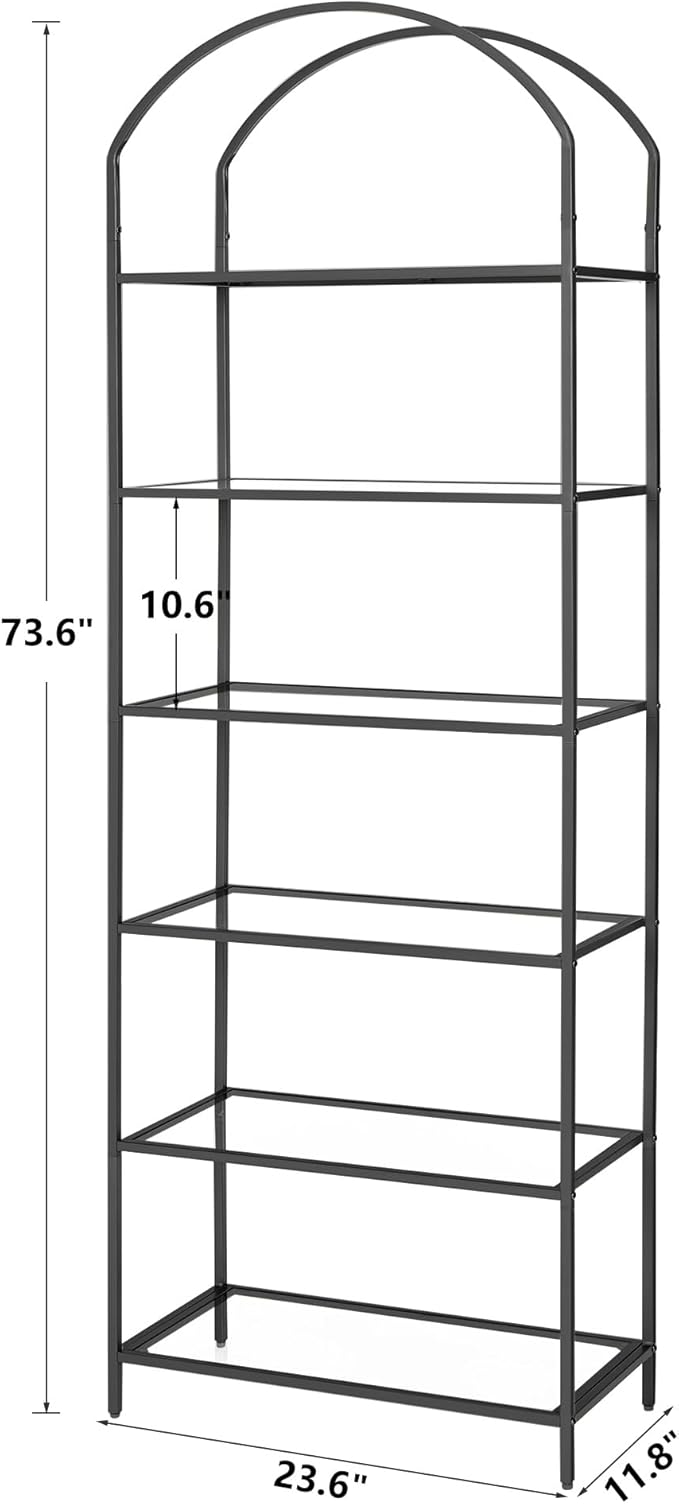Homhedy Bookshelf Arched Display Racks,Metal Bookcase,Tempered Glass Shelves,Storage Rack Shelf for Home Office,Living Room,Bedroom, Bathroom,Modern Style (Black, 11.8" D x 23.6" W x 73.6" H)