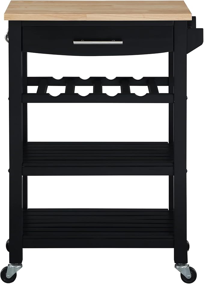 Convenience Concepts Ellaine 4 Tier Kitchen Cart with Drawer and Wine Rack, 24.75", Black/Butcher Block