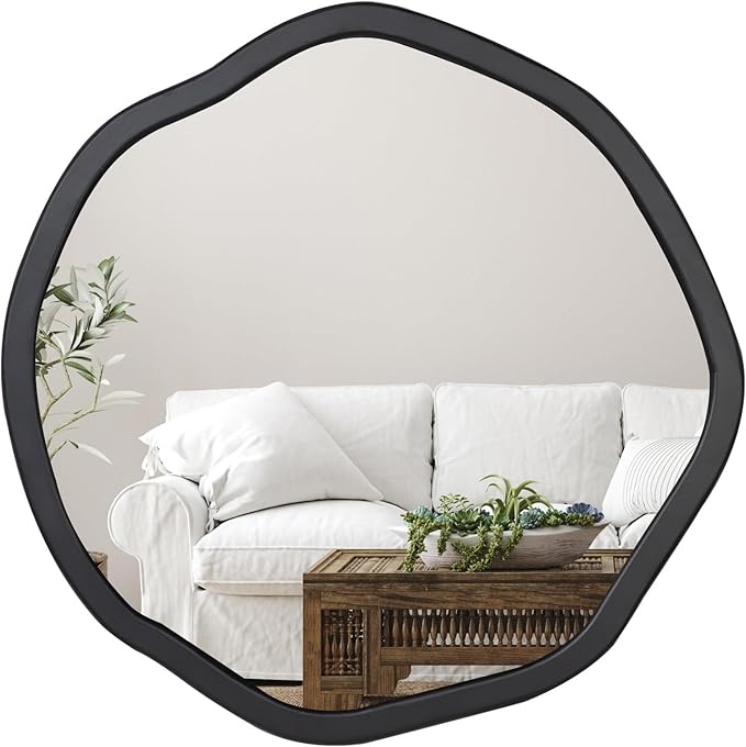 ULIKE Round Wood Mirror, 30 Inch Black Asymmetrical Circle Vanity Mirror with Wood Frame, Modern Decorative Wall Mount for Bathroom Bedroom Living Room Entryway