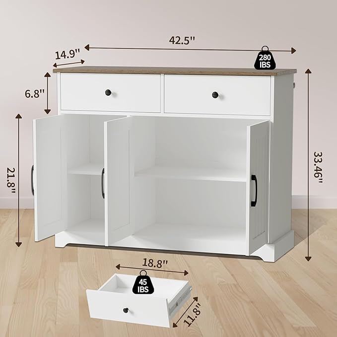 Farmhouse Large Buffet Sideboard Storage Cabinet 42 Inch with Adjustable Shelf, Drawers, and Sliding Barn Doors, Wooden Coffee Bar Kitchen Table for Entryway, Dining Room, and Living Room