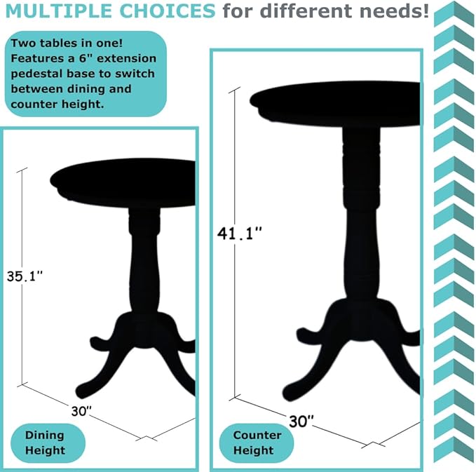 IC International Concepts 30" Round Top Pedestal Dining Table, 40.9" High, Distressed Hickory/Stone