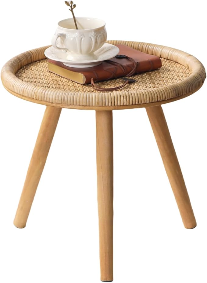 Rattan Round Coffee Table, Boho Circle Side Table End Table for Living Room, Small Mid Century Accent Table for Bedroom Balcony