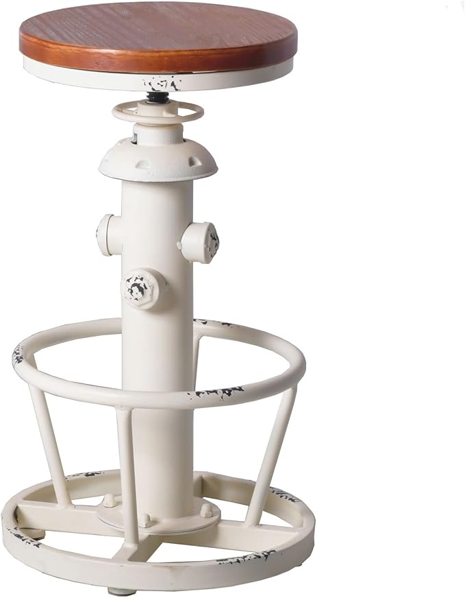 Topower Aged Antique Industrial Round Bottom Adjustable Height Cafe Coffee Retro Vintage Stylish Water Pipe Design Pub Kitchen Bar Stool (Antique White, Wooden Top)