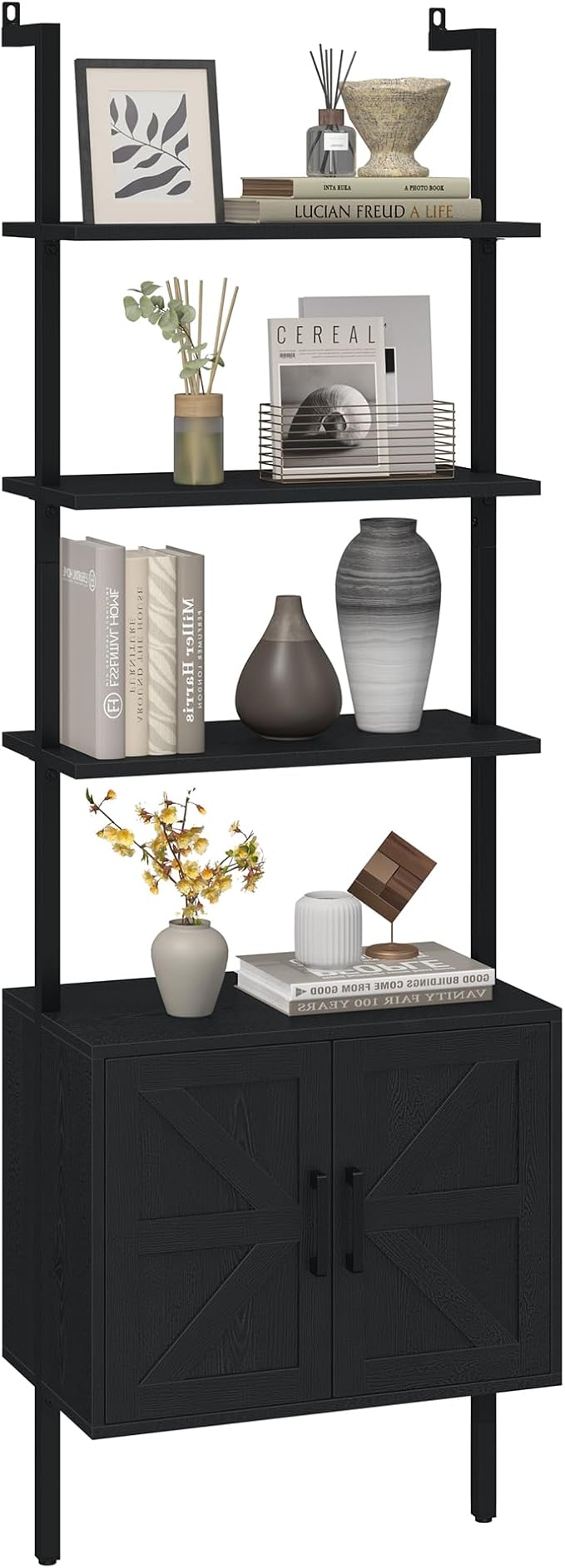 Yusong 73" Tall Bookshelf with Cabinet, Industrial Ladder Wall Mount Shelf Farmhouse Bookcase with Wood and Metal Frame, Plant Shelf Wall Storage Display for Living Room Bedroom, Farmhouse Black