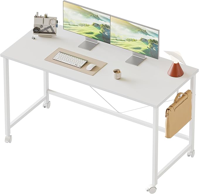 Rolling Computer Desk with Wheels, Gaming Desk for Small Spaces, Modern Simple Style Table for Home Office, Study Writing Table (Caster, White, 48 inch)