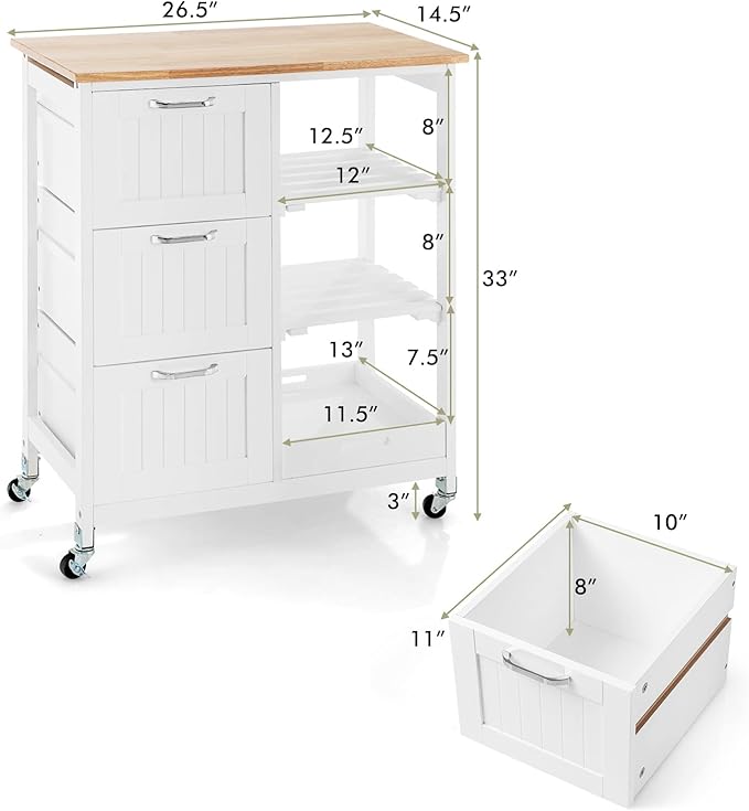COSTWAY Kitchen Storage Island Cart on Wheels, Kitchen Rolling Trolley Cart with 3 Drawers and Shelves, 360° Wheels & Detachable Tray, Kitchen Island for Dining Room, Living Room & Bedroom