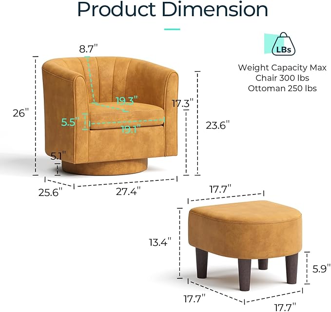 LINSY Swivel Accent Chair with Ottoman: Small Velvet Barrel Chair 360 Swivel Modern Armchair, Upholstered Reading Chair with Footrest for Living Room Bedroom Study Room (Yellow)