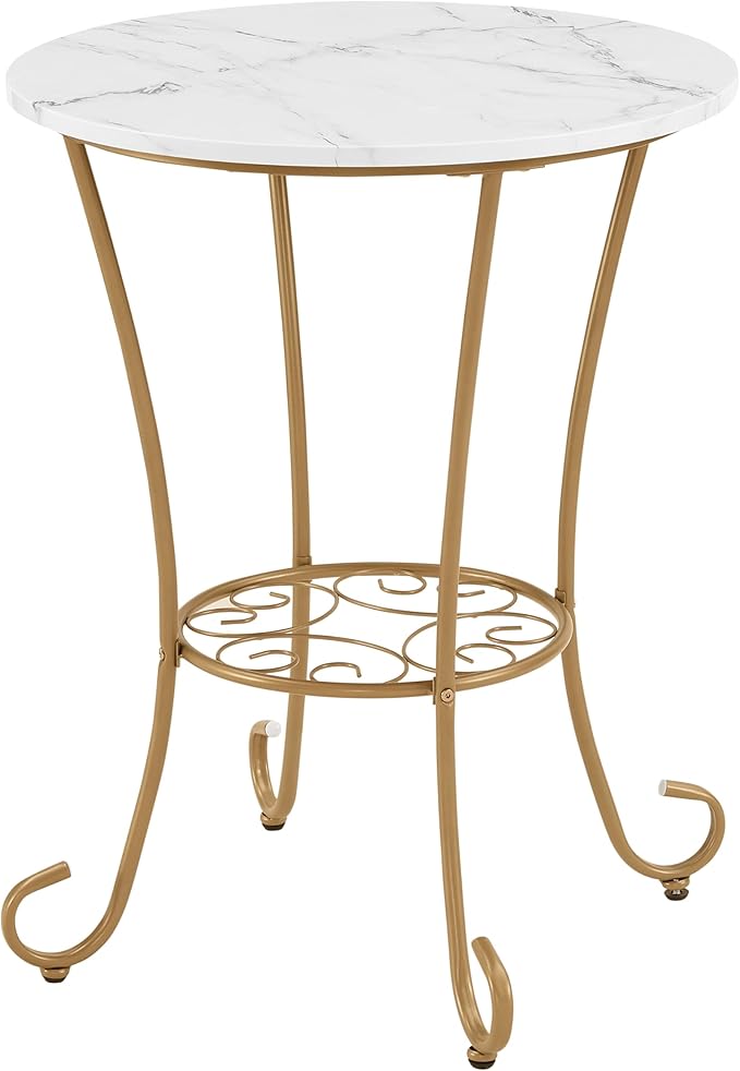 JOIN IRON 2-Piece Bistro Dining Set for Indoor Use, Marble-Look Tabletop with Gold Metal Frame, Vintage French Café Style Round Table and Chairs for Kitchen, Breakfast Nook, Small Apartment (Gold)