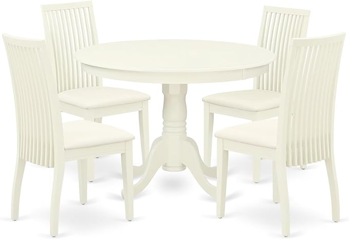 East West Furniture HLIP5-LWH-C 5 Piece Dining Set Includes a Round Dining Room Table with Pedestal and 4 Linen Fabric Upholstered Chairs, 42x42 Inch, Linen White