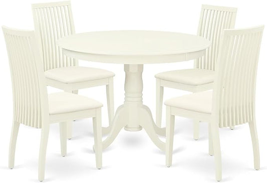 East West Furniture HLIP5-LWH-C 5 Piece Dining Set Includes a Round Dining Room Table with Pedestal and 4 Linen Fabric Upholstered Chairs, 42x42 Inch, Linen White