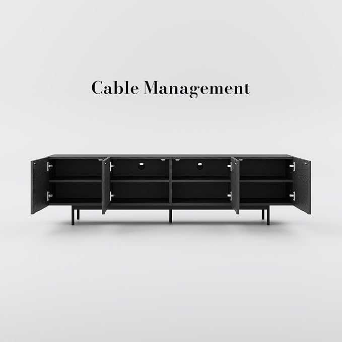 POVISON Full Assembled Mid-Century Modern TV Stand with Slatted Doors, Wood Media Console for 65 Inch TV, TV Console with Tall-cast Metal Legs, Entertainment Center with Storage for Living Room