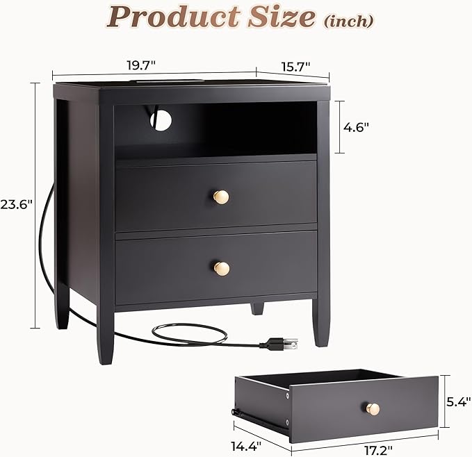 Huuger Nightstand with Charging Station, Black Nightstand with 2 Drawers, Bed Side Table for Bedroom, Bedside Table with Storage, Modern Nightstands, Metal Knobs, Painted Surface