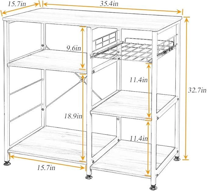 soges Kitchen Bakers Rack with 5 Hooks, Microwave Stand, Coffee Bar Station, Industrial Storage Shelf with Wire Basket, Adjustable Feet, Sturdy Metal Frame for Kitchen, Pantry, Living Room, White Oak