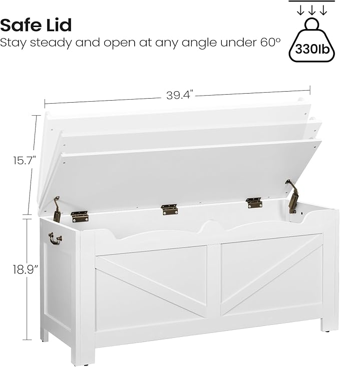 39.4" Storage Chest, Extra Large Storage Trunk with 2 Safety Hinges, Wooden Box Bench, Lift-Top Organizer Chest, Shoe Bench for Entryway, Bedroom, Living Room, White SB04503X