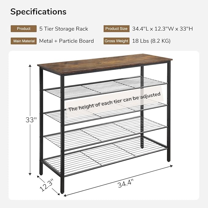 5-Tier Shoe Rack Organizer, Metal Mesh Shoe Storage Shelf, for Entryway, Hallway, Closet, Dorm Room, Industrial, Rustic Brown