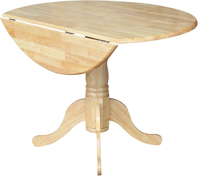 IC International Concepts, 42" Round Dual Drop Leaf Pedestal Dining Table, Solid Real Wood, Sturdy Parawood, Natural