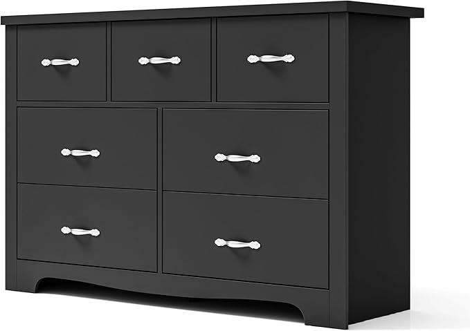 LINSY HOME 7 Drawers Dresser for Bedroom, 47" Wide Rustic Wood Dressers & Chests of Drawers, Modern Storage Dresser with Antique Handles for Closet, Living Room, Hallway, Black