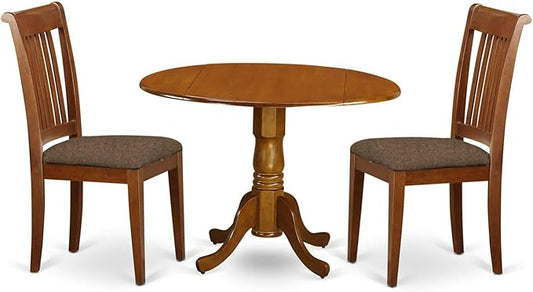 East West Furniture DLPO3-SBR-C 3 Piece Kitchen Table & Chairs Set Contains a Round Dining Room Table with Dropleaf and 2 Linen Fabric Upholstered Dining Chairs, 42x42 Inch, Saddle Brown