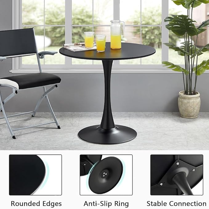 23.4" Tulip Dining Table, Black, Perfect for 2-4 People, Mid-Century Modern Style, Round MDF Top with Sturdy Base for Dining Room, Living Room, Cafe