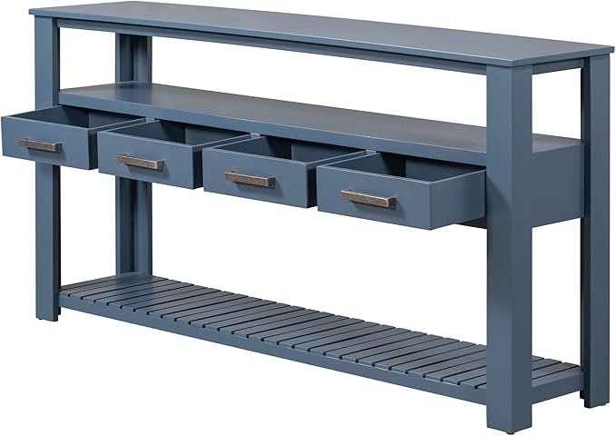 Ball & Cast 62.2“ Contemporary 4 Drawers Console Table, Long Entryway-Table with Drawer & 3 Tier Shelves, FarmhouseWood Storage Sofa Couch-Tables for Entrance Hallway Living, Blue