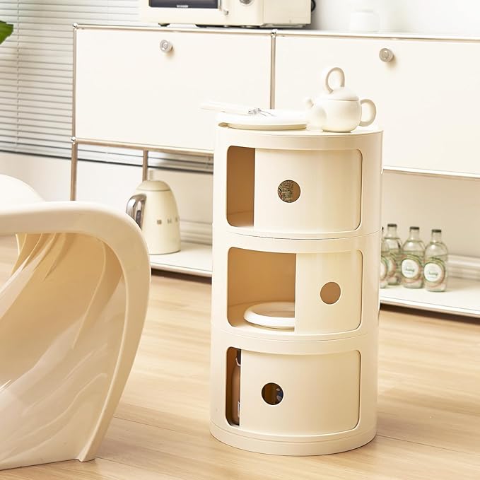 Round Nightstand with 3 Drawers, Modern Style Side Table, Multifunctional End Table Storage Cabinet for Living Room, Bedroom, Bathroom (White)