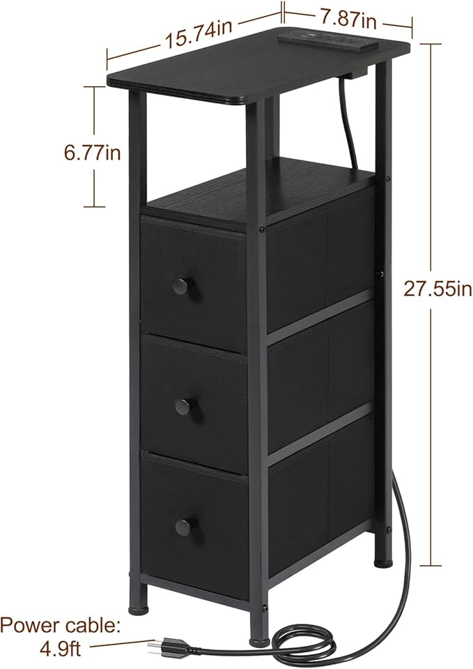 Narrow End Table Living Room with Charging Station, Skinny Side Table with Fabric Drawers, Slim LED Nightstand for Bedroom, Small Spaces, Couch, Black, HETNDP03LBK-1